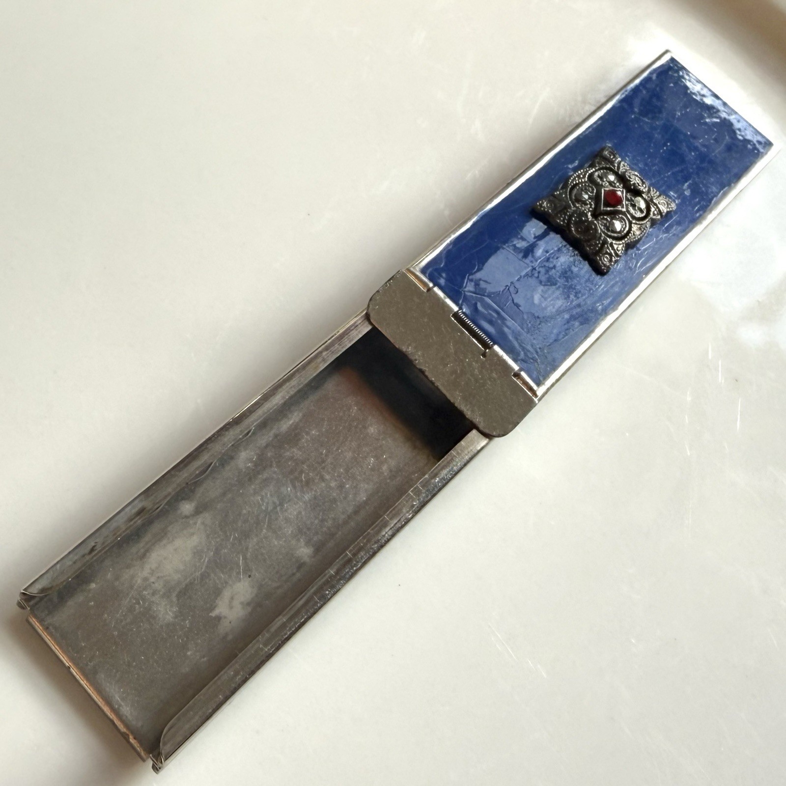 Art Deco Changette Brooch To Hold Dimes Silver Tone Blue Enamel Marcasites