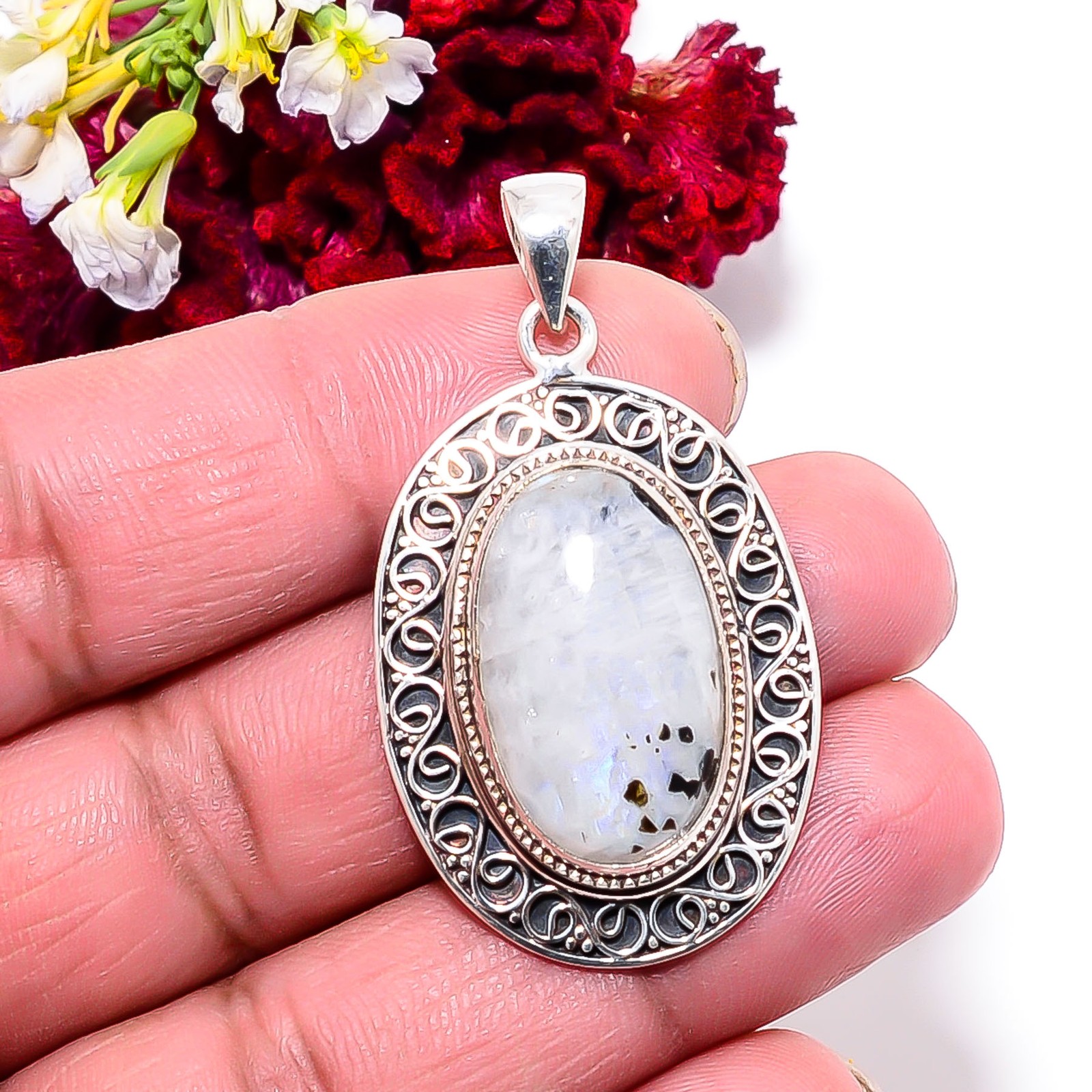 Rainbow Moonstone With Black Tourmaline 925 Sterling Silver Pendant 1.83″ P99548