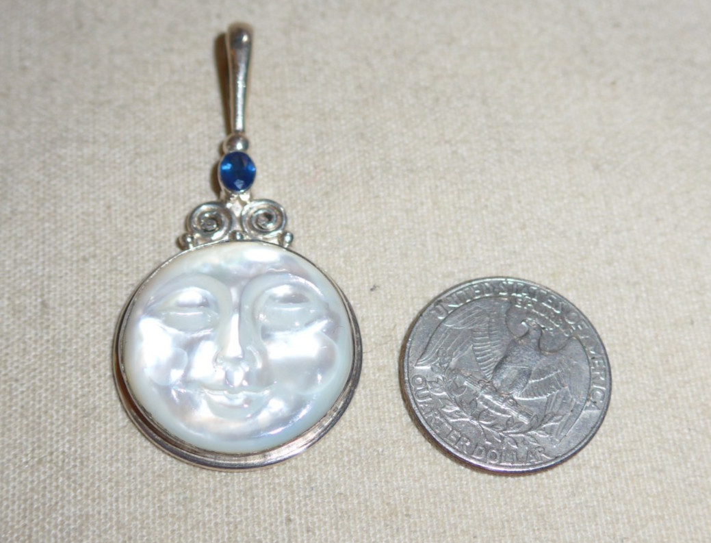 Sajen Sterling Silver Mother of Pearl Moon Face Blue Stone Pendant