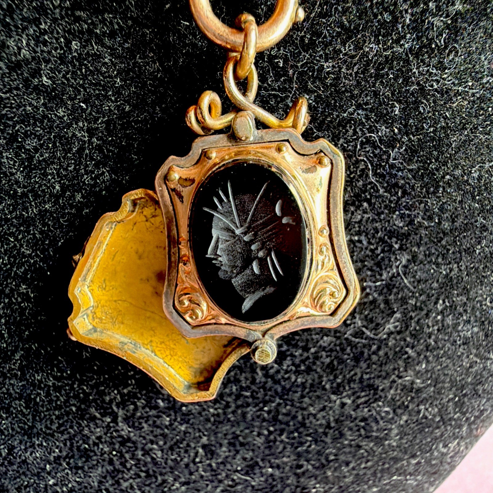 Victorian Etruscan 48g Gold Fill Book Chain Necklace Slide GF Locket Tiger Eye