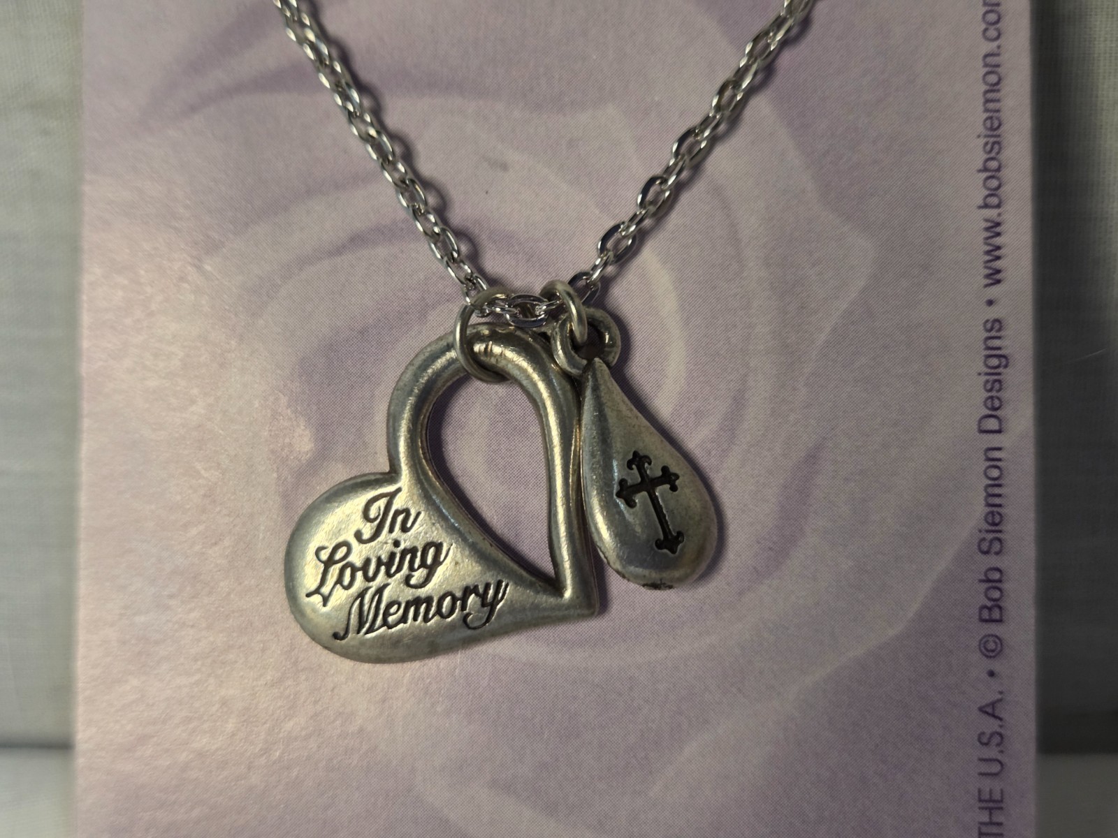 Bob Siemon Pewter In Loving Memory Heart Cross Pendant Necklace 10” Rev 21.4