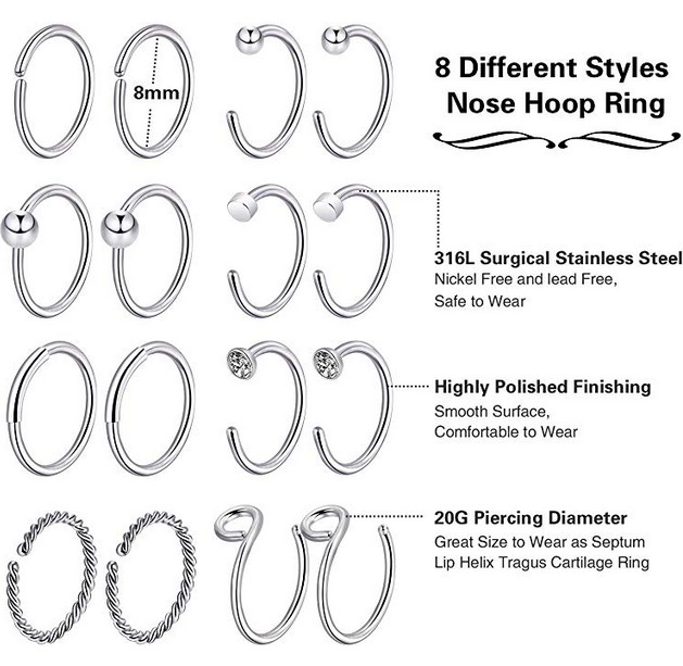 32PCS Nose Hoop Rings Bone Studs Pin 20G Surgical Steel Piercing Jewelry Set USA
