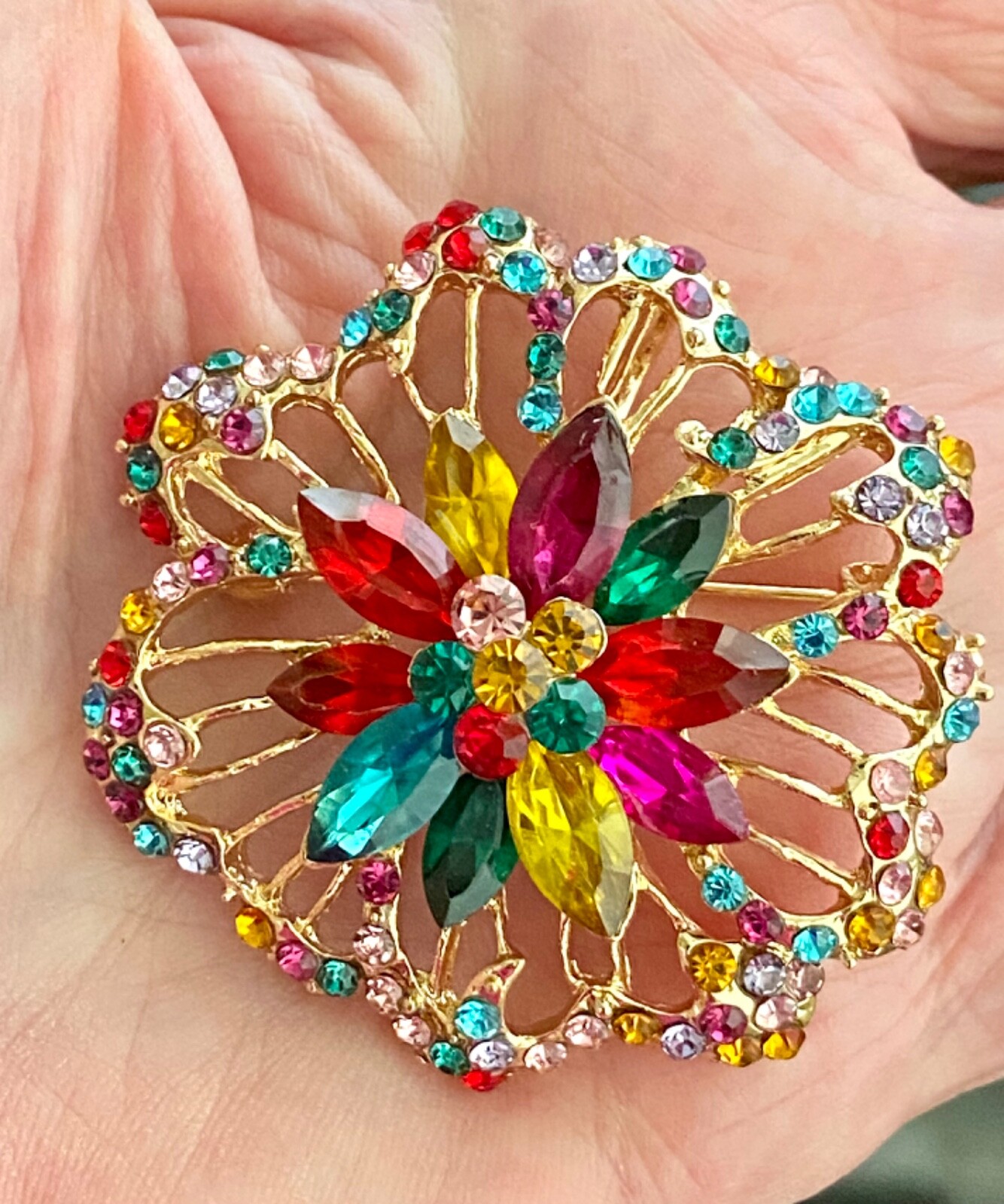 Multicolor Rhinestone Crystal Flower Brooch Pendant 1.95 inches