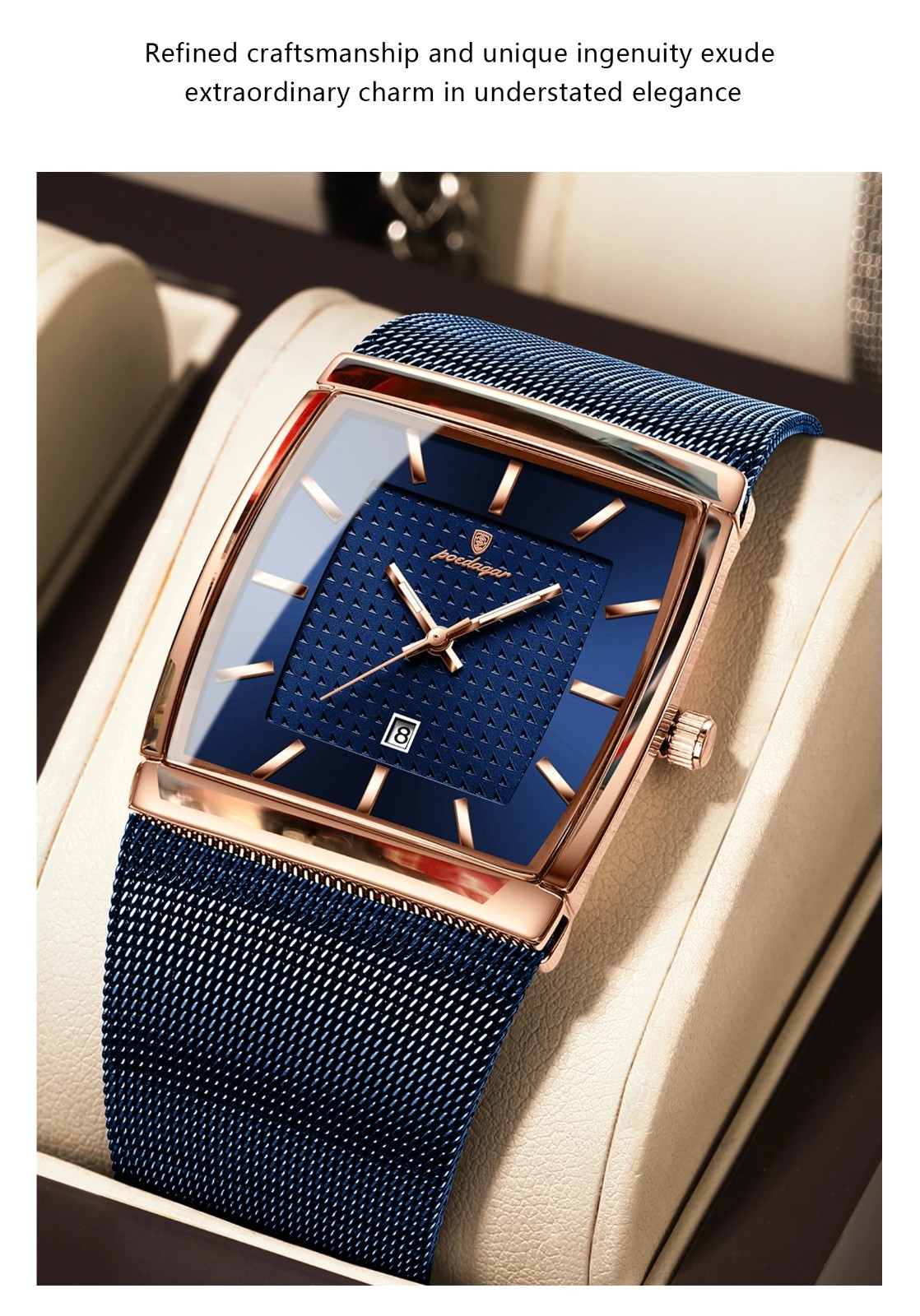 Luxury Men’s Watch Rectangle Steel Mesh Waterproof Luminous Date Quartz