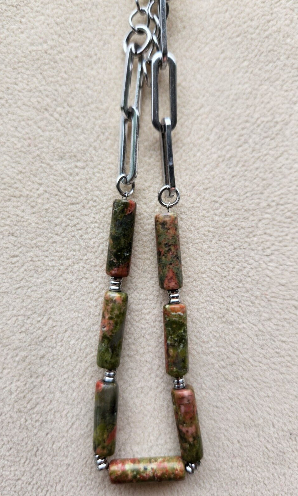 Unakite Paperclip Chain Necklace (20-22 In) & Bracelet (7.5-9.0 In) in Stainless