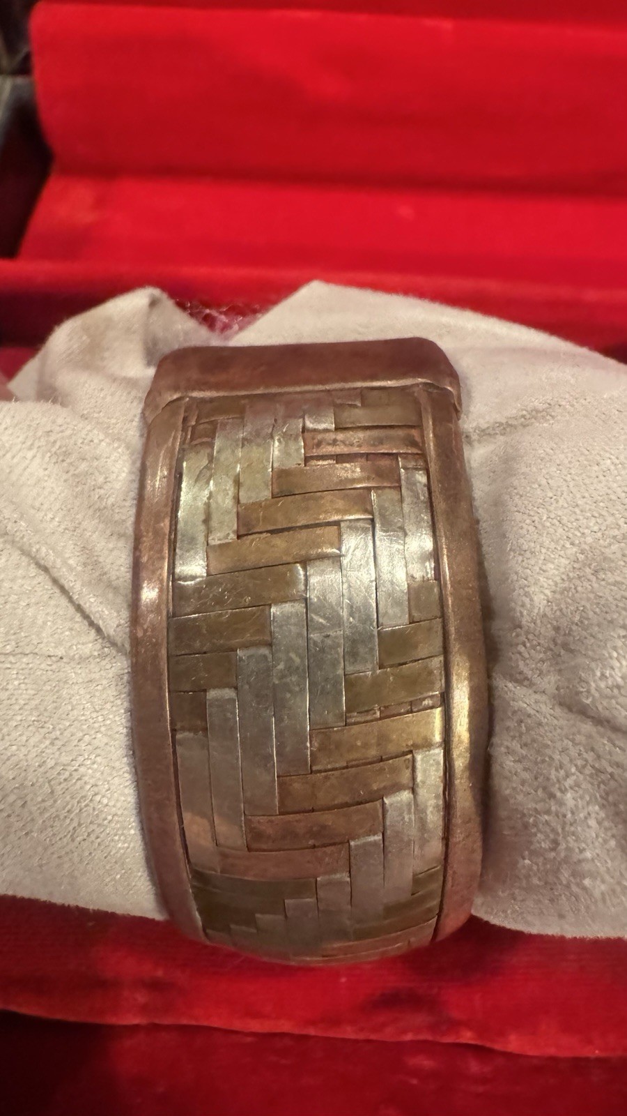 Two-Tone Copper & Silver Metal Woven Pattern Wide Cuff Bracelet No Stone