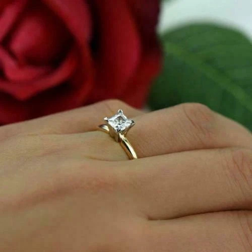 1Ct Solitaire Princess Cut Lab Created Diamond Promise Ring 14k Yellow Gold FN