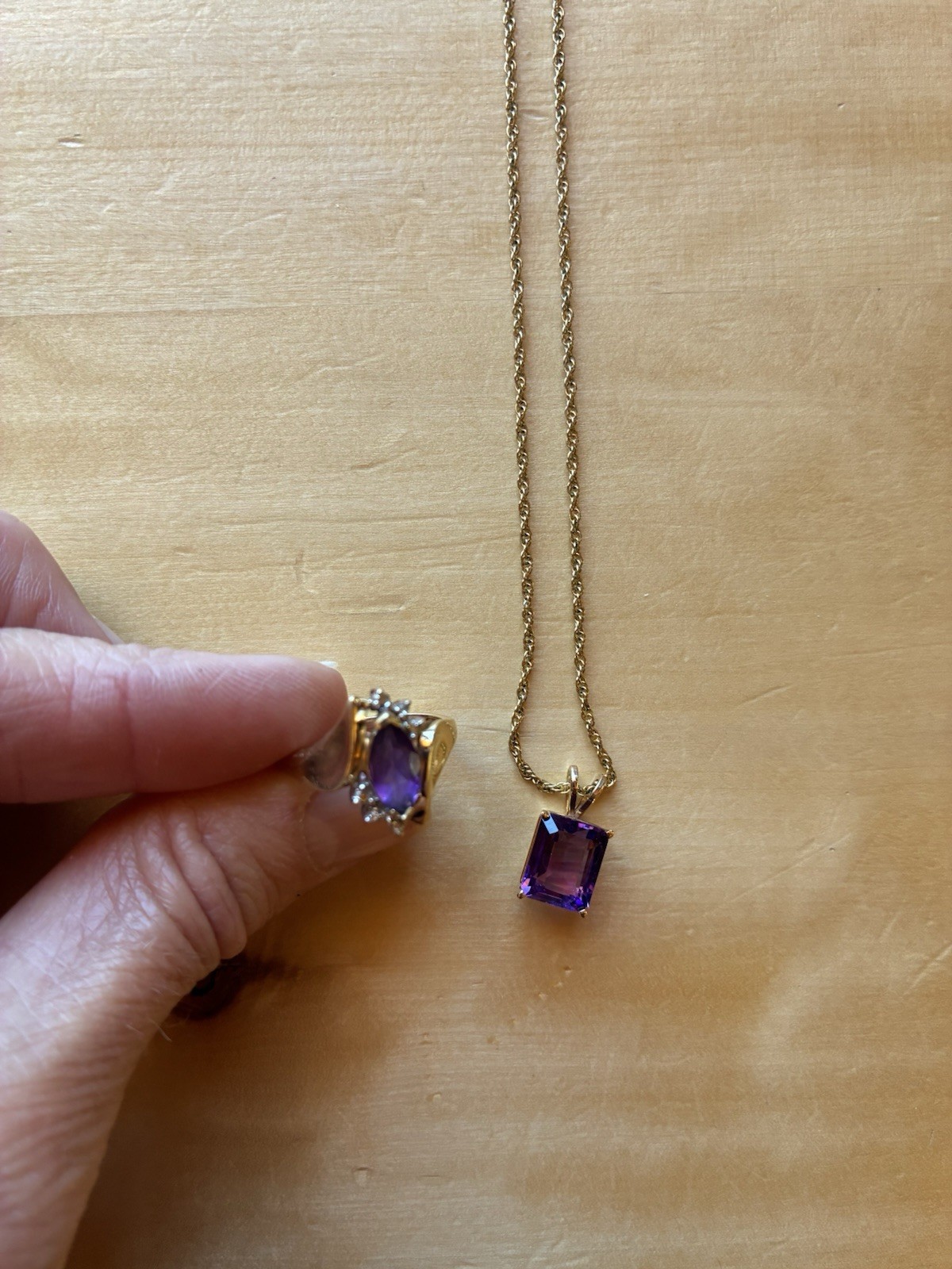 Amethyst 10K Gold Diamond Ring and 14K Gold Amethyst Necklace Pendant Set