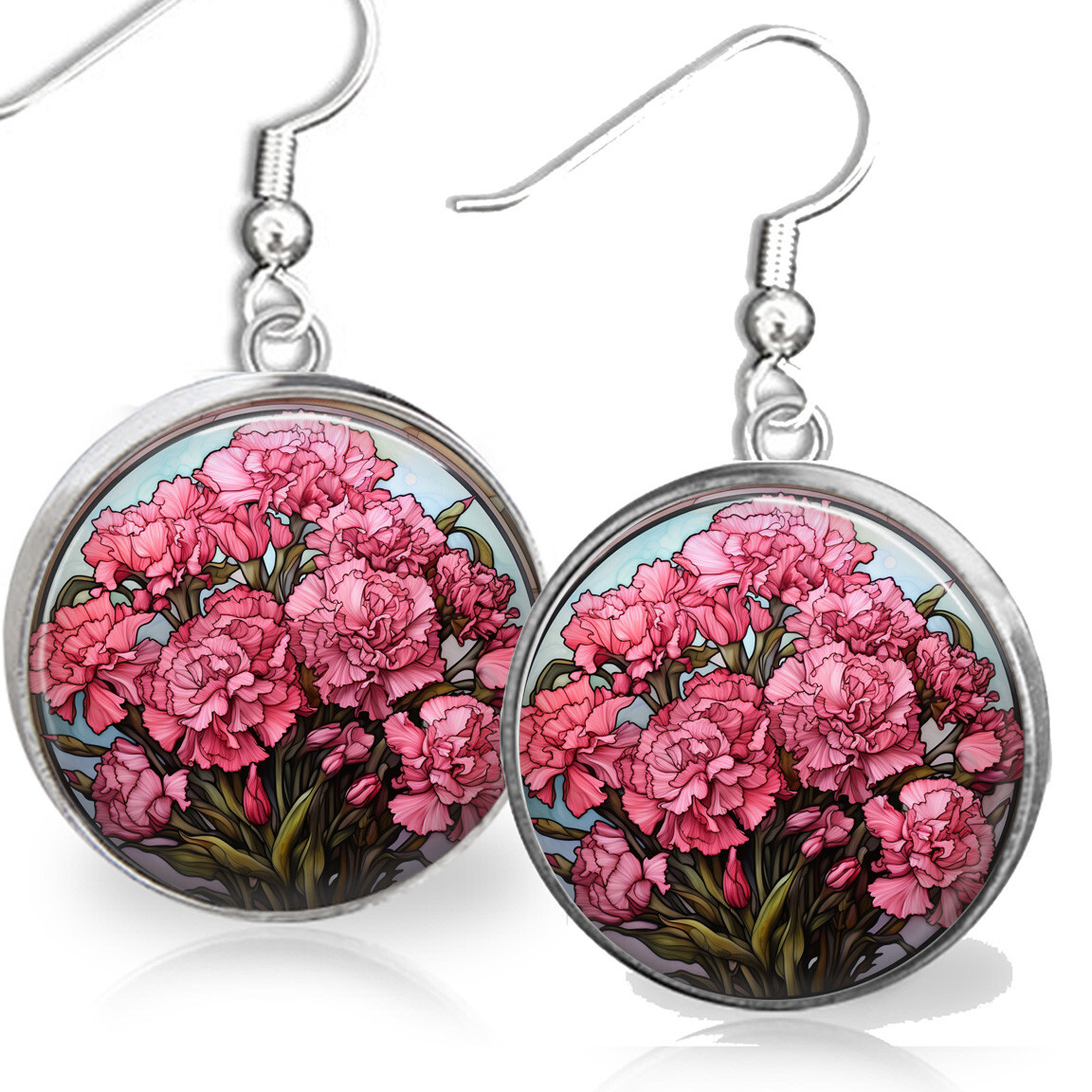 Pink Carnations Flower Earrings Watercolor Art Print January Birth Month Flower