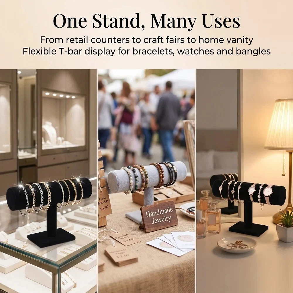 Velvet T-Bar Bracelet Display Stand Black Gray Jewelry Holder Watch Bangle Rack