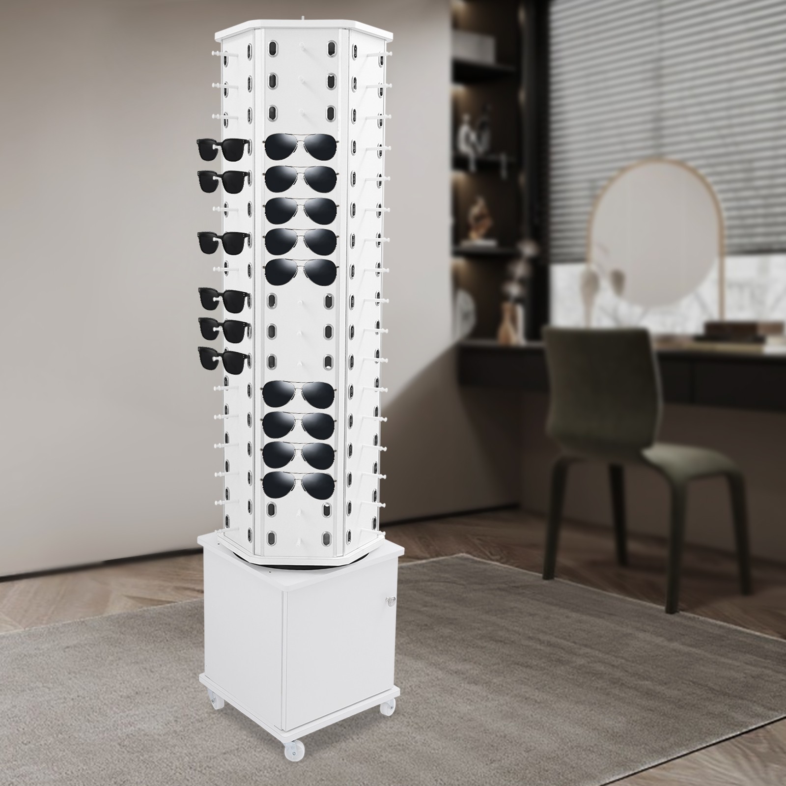 360° Rotating Eyeglass Display Rack 102 Pairs Storage Rack With Wheels For Store