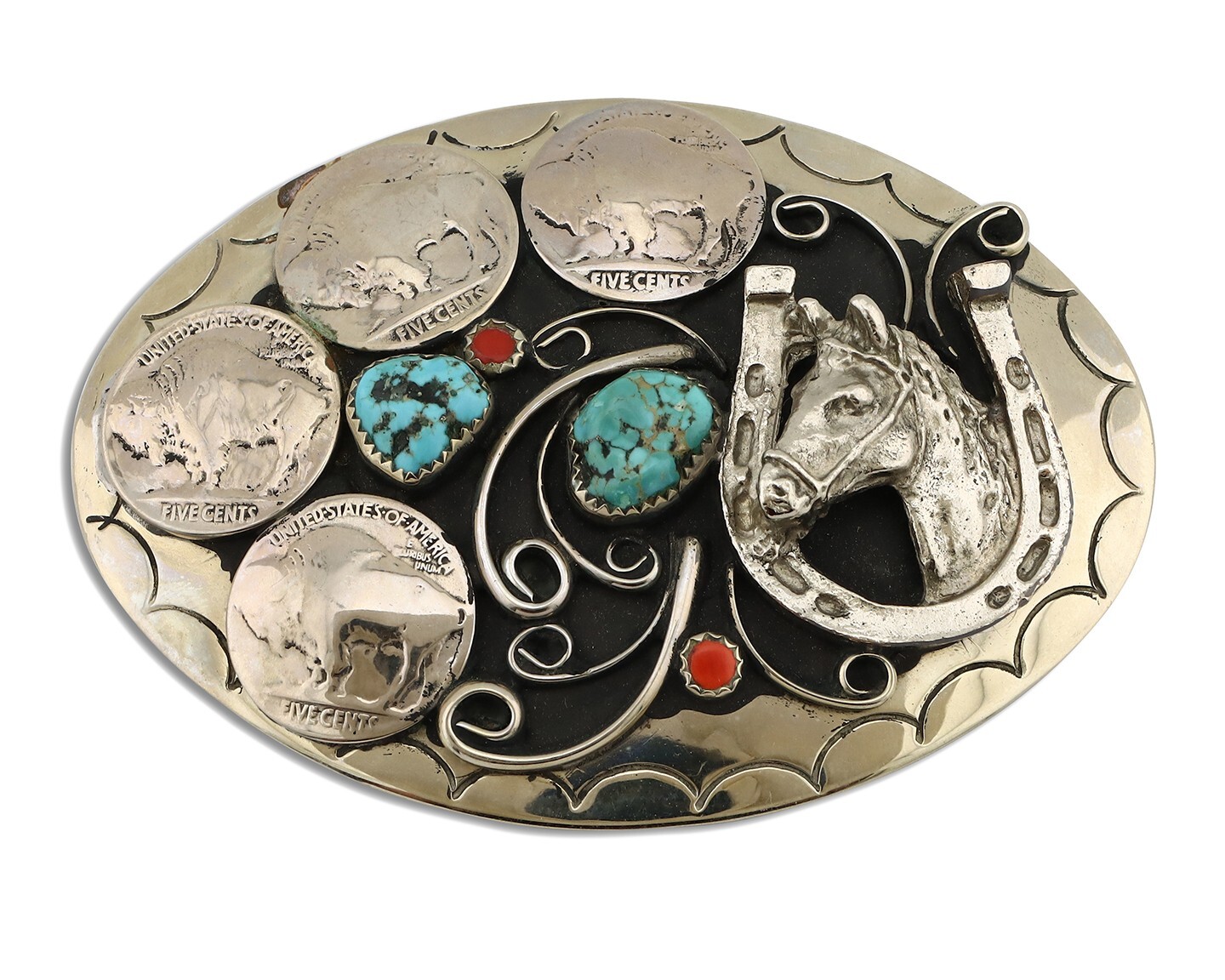 Navajo Horse Belt Buckle Nickle Silver Gemstone Handmade Native American C.80’s