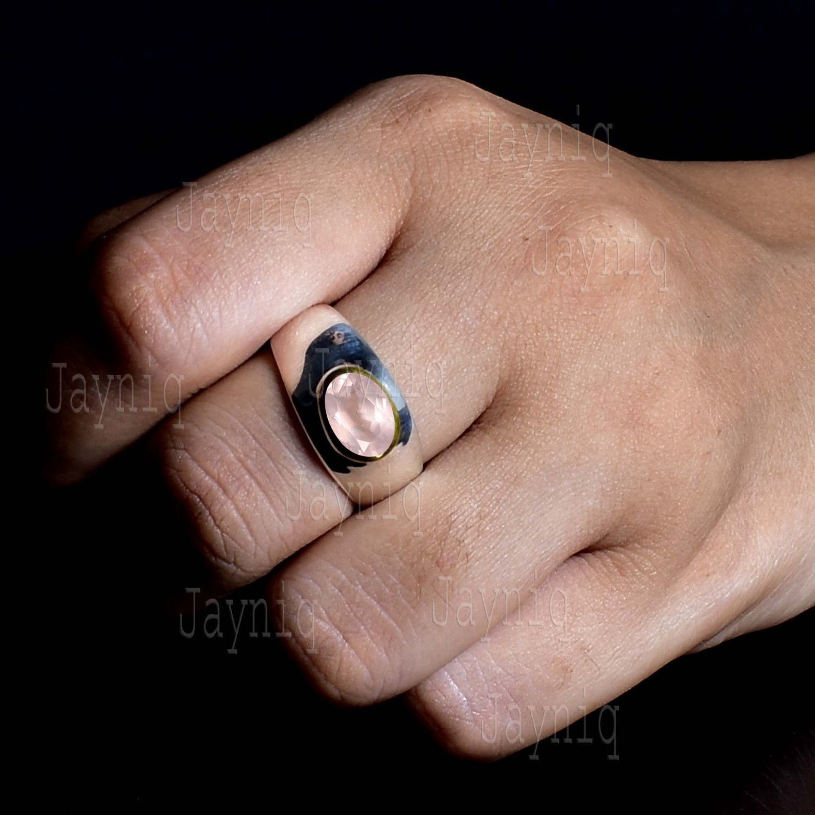 Rose Quartz Gemstone 925 Sterling Silver Handmade Two Tone Finish Ring For Women