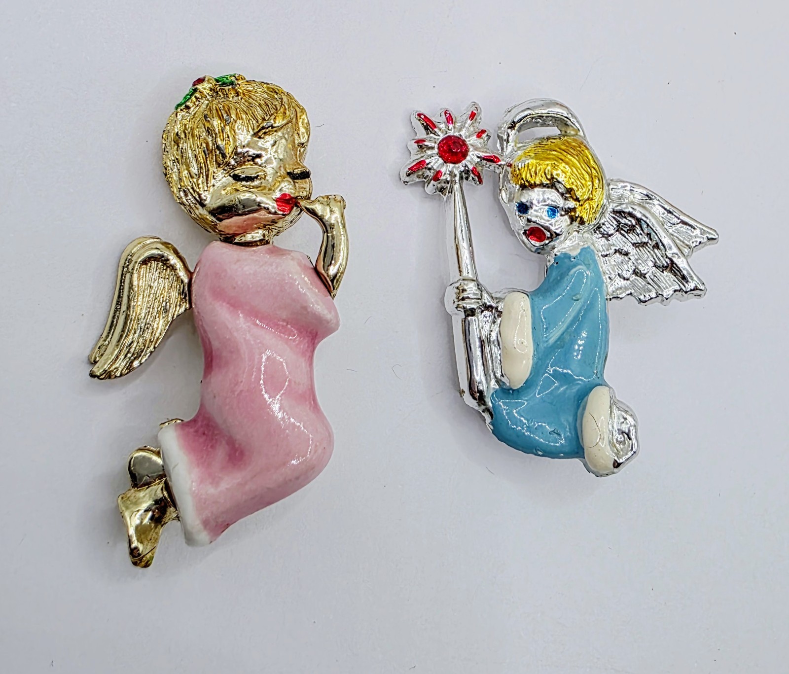 Vintage Ceramic Enamel Rhinestone Angel Brooches