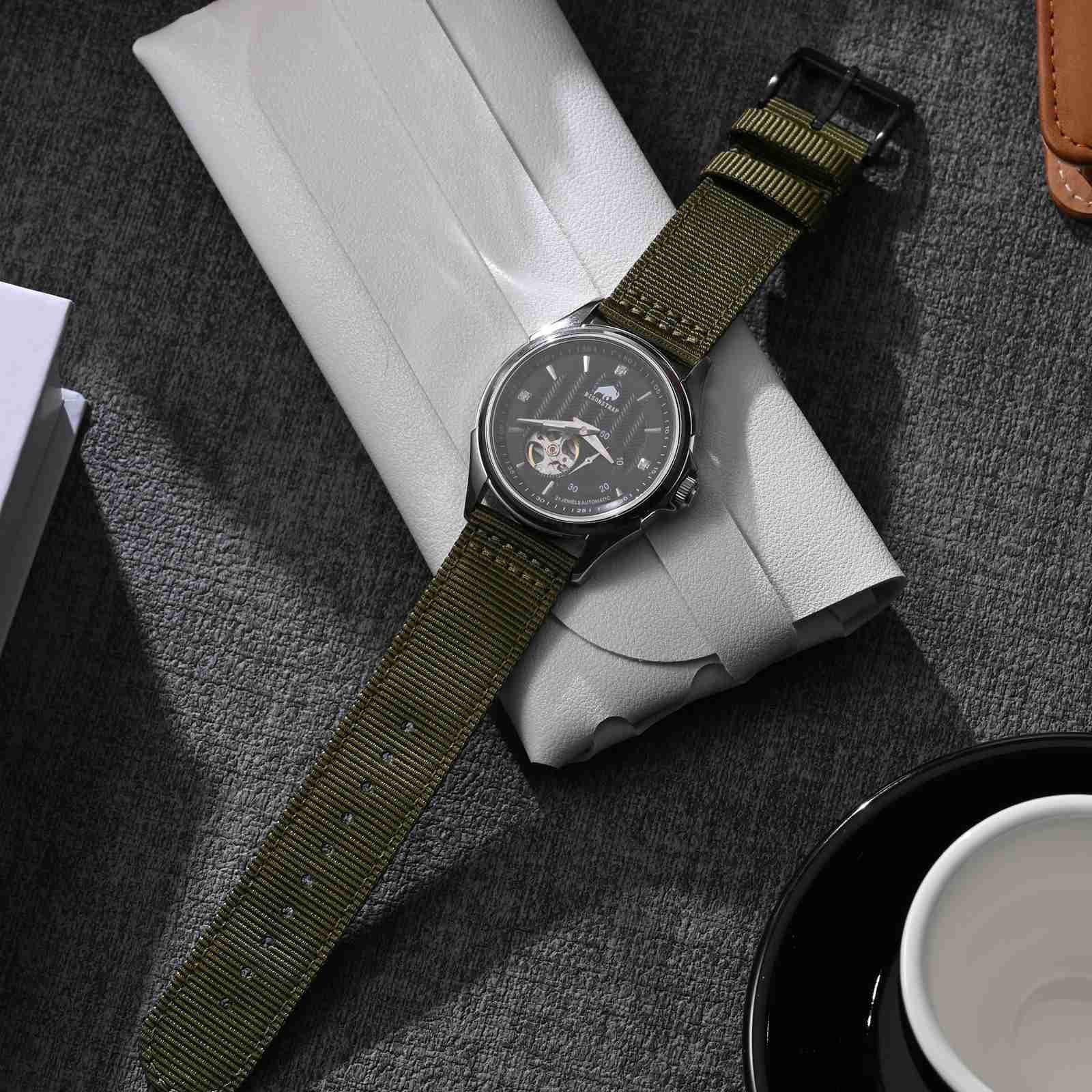 BISONSTRAP Men’s Nylon Watch Bands, Two-Piece 20mm, Army Green (Black Buckle)