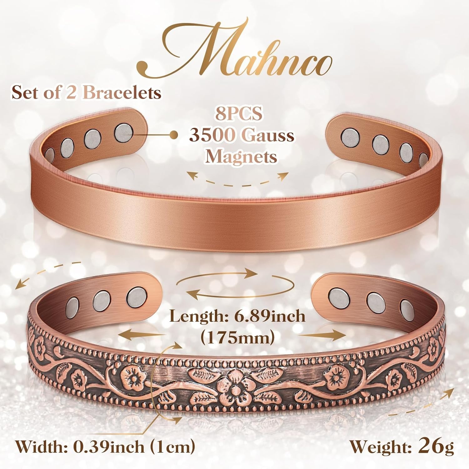Chic 100% Copper Magnetic Bracelet with 6 x 3500 Gauss Magnets – Gift of Relief