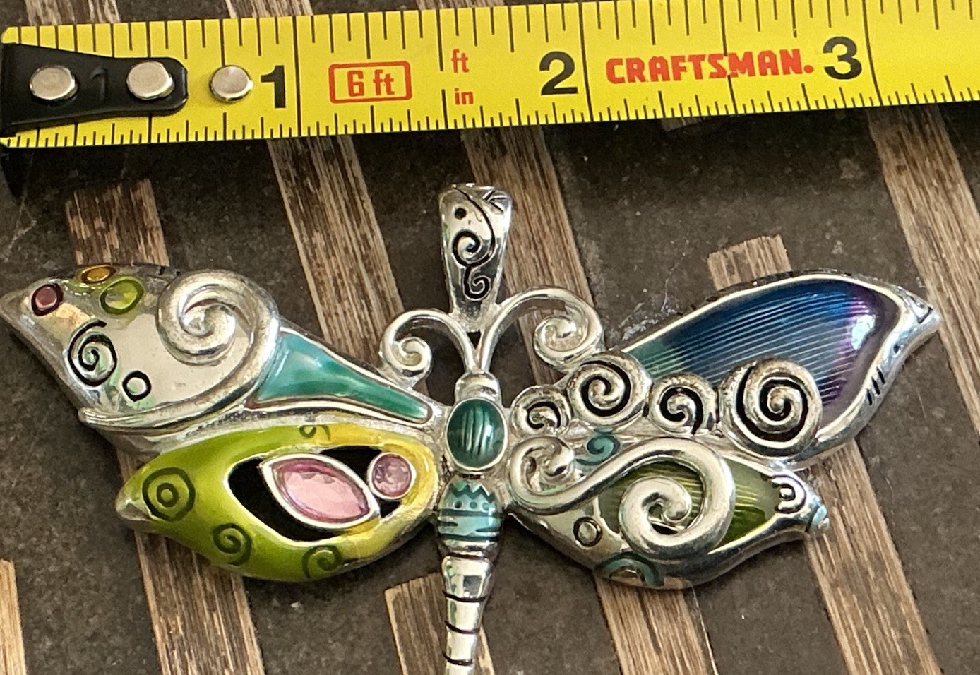 Large Colorful Enamel Dragonfly Pendant Rhinestone Silver Tone 3” 0.8 oz