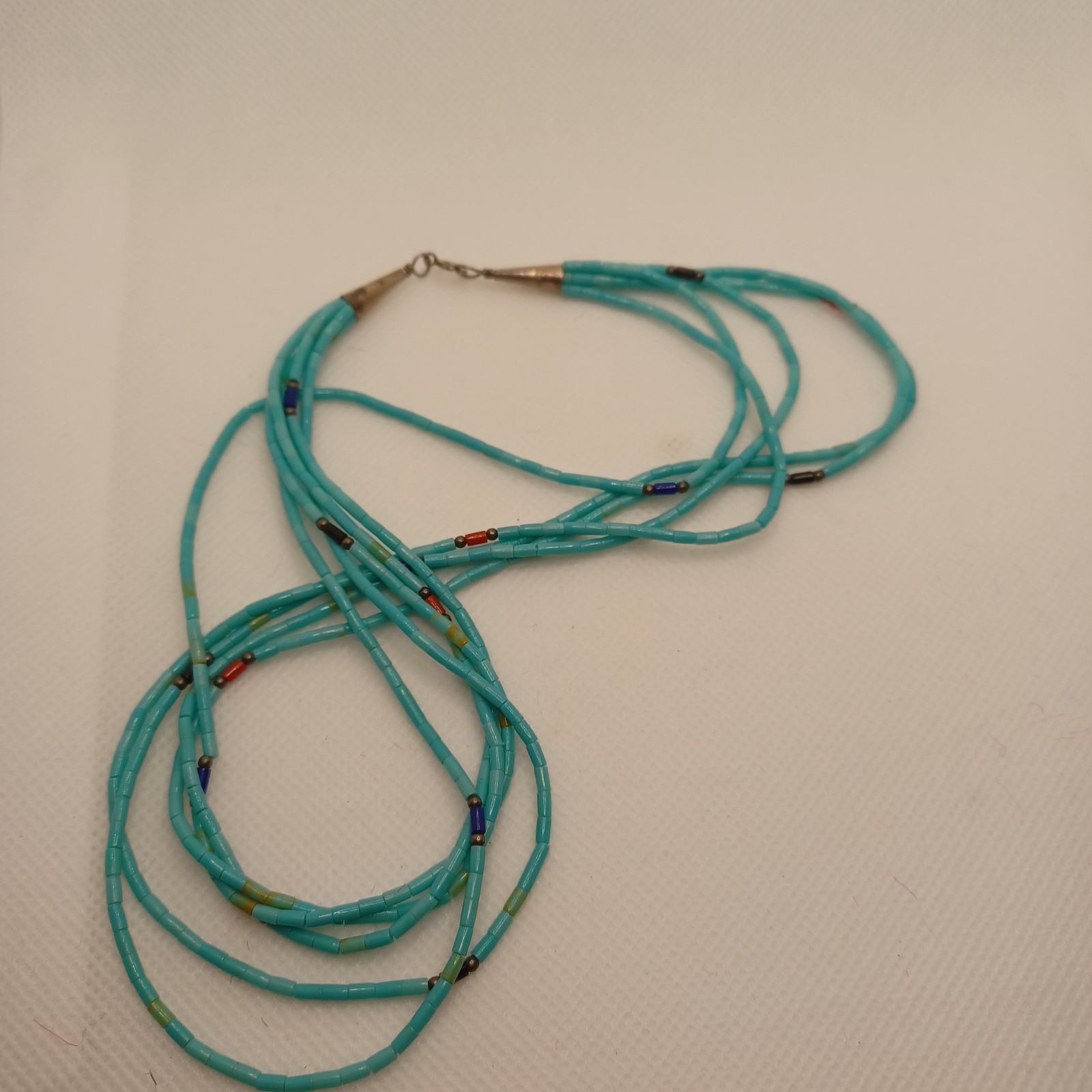 Blue Turquoise 5 strand Navajo Liquid Sterling Silver Necklace 16” sunrise mark