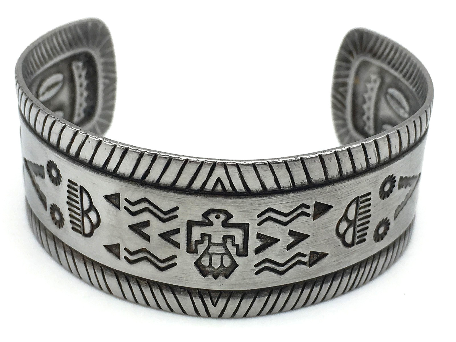 Vintage Southwestern Design Stamped Stainless Steel Cuff Bracelet Signed Japan