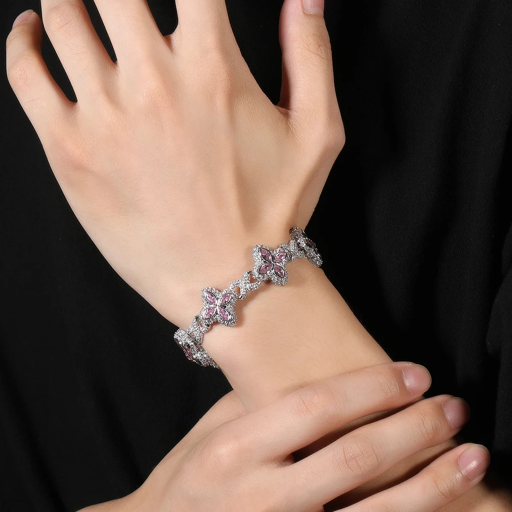Baby Blue Baguette CZ Floral Infinity Cuban Link Bracelet Unisex