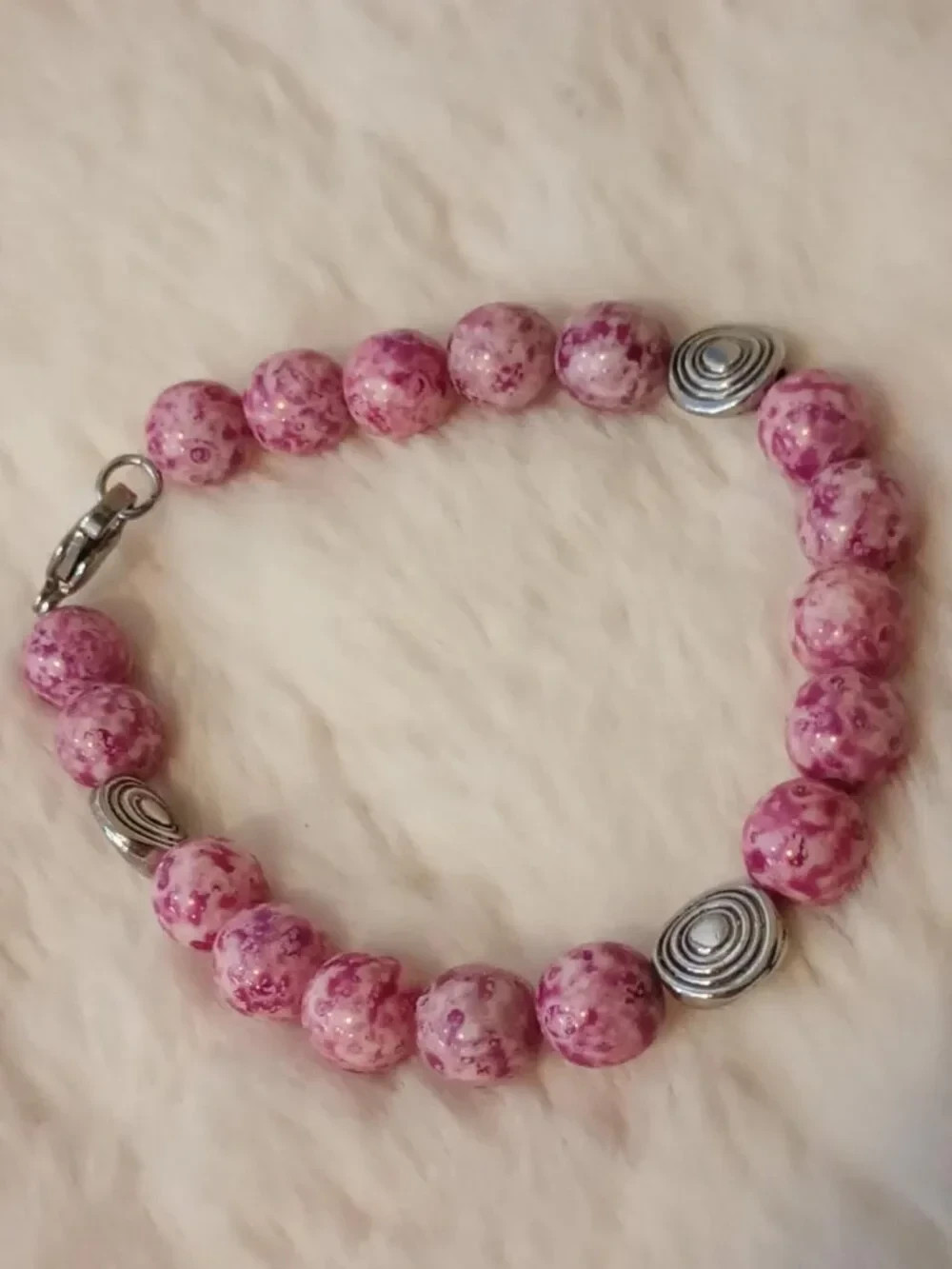 Czech Glass Pink Color Beaded Bracelet Stainless Steel Clasp Handmade 6.75inches