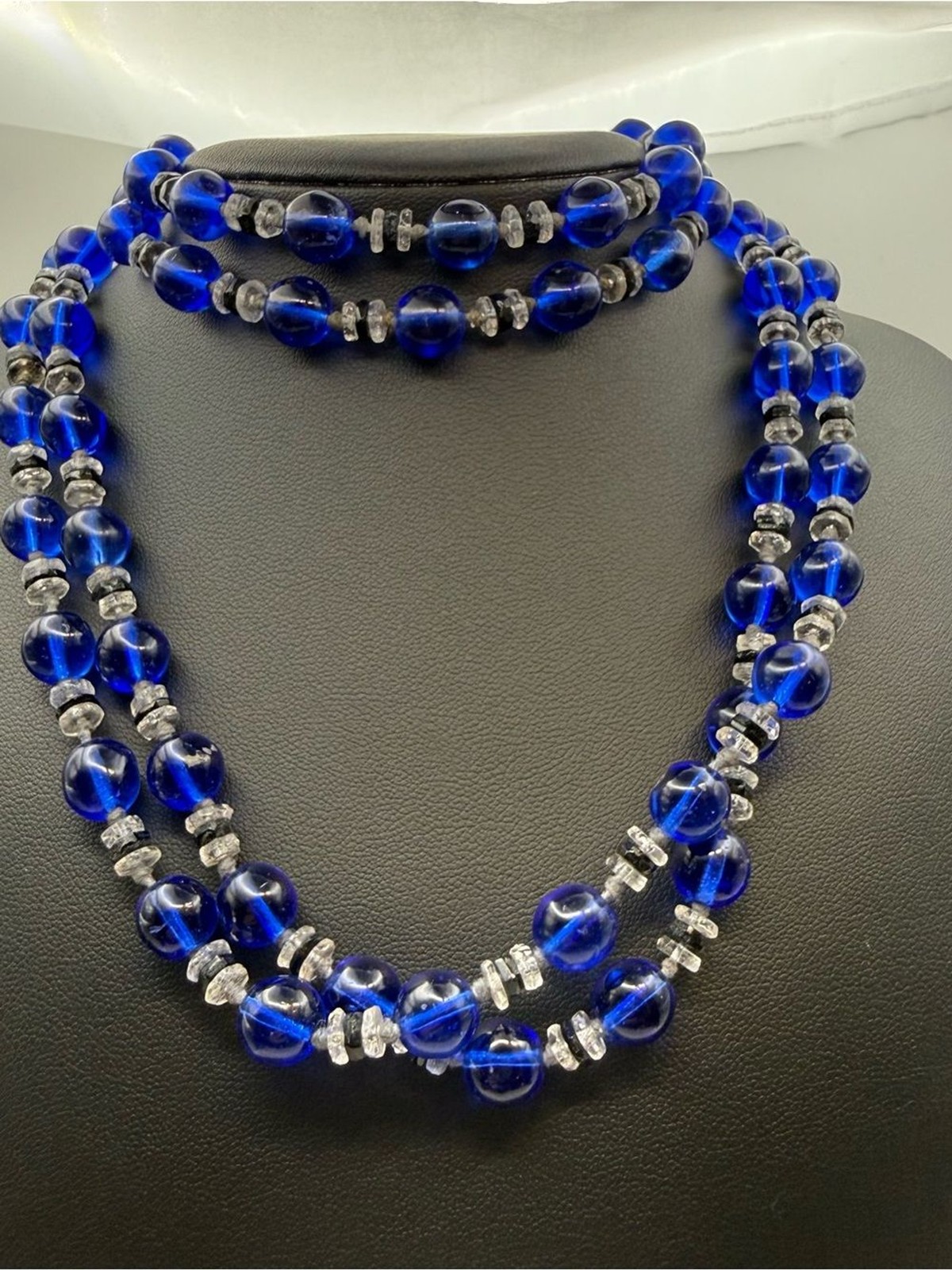 Cobalt blue long Vintage 1930s Glass Bead Necklace Round Beads