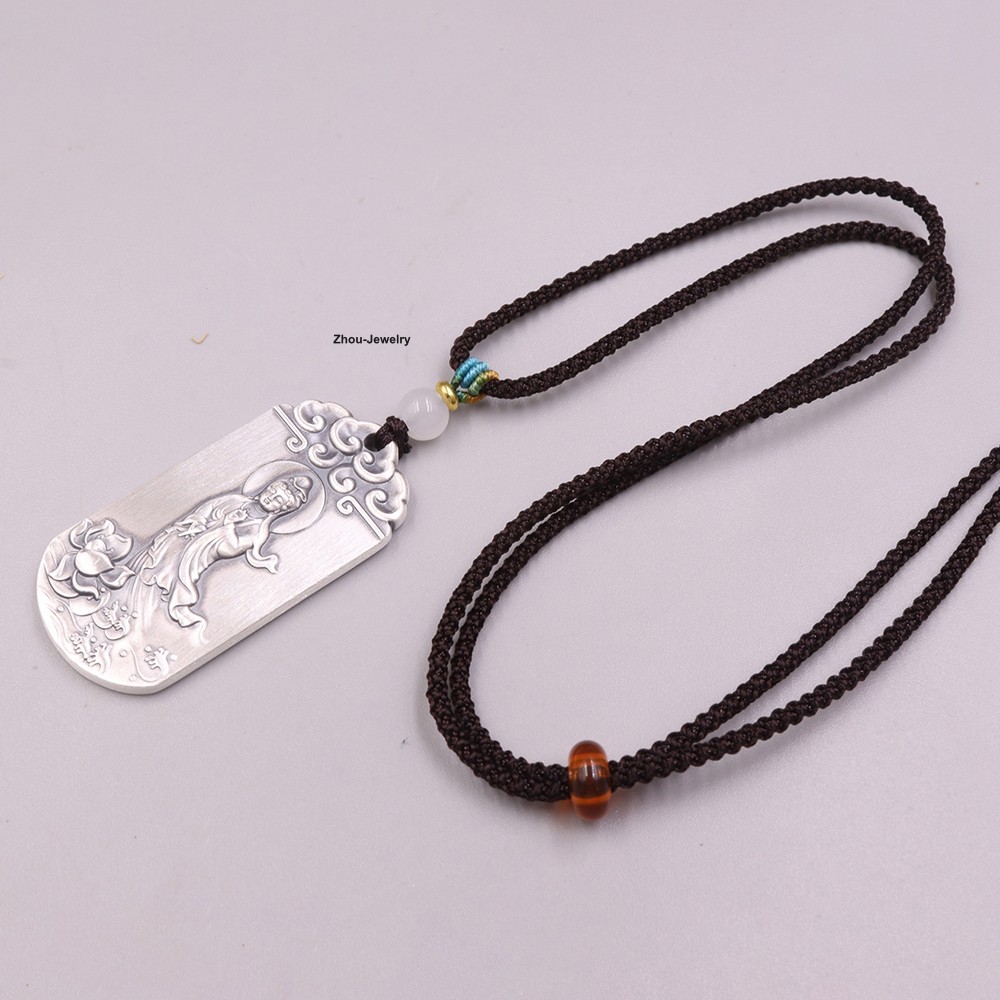 Pure 999 Fine Silver Pendant Kwan-yin Pattern 无事牌 Amulet 43mm H +Cord Necklace
