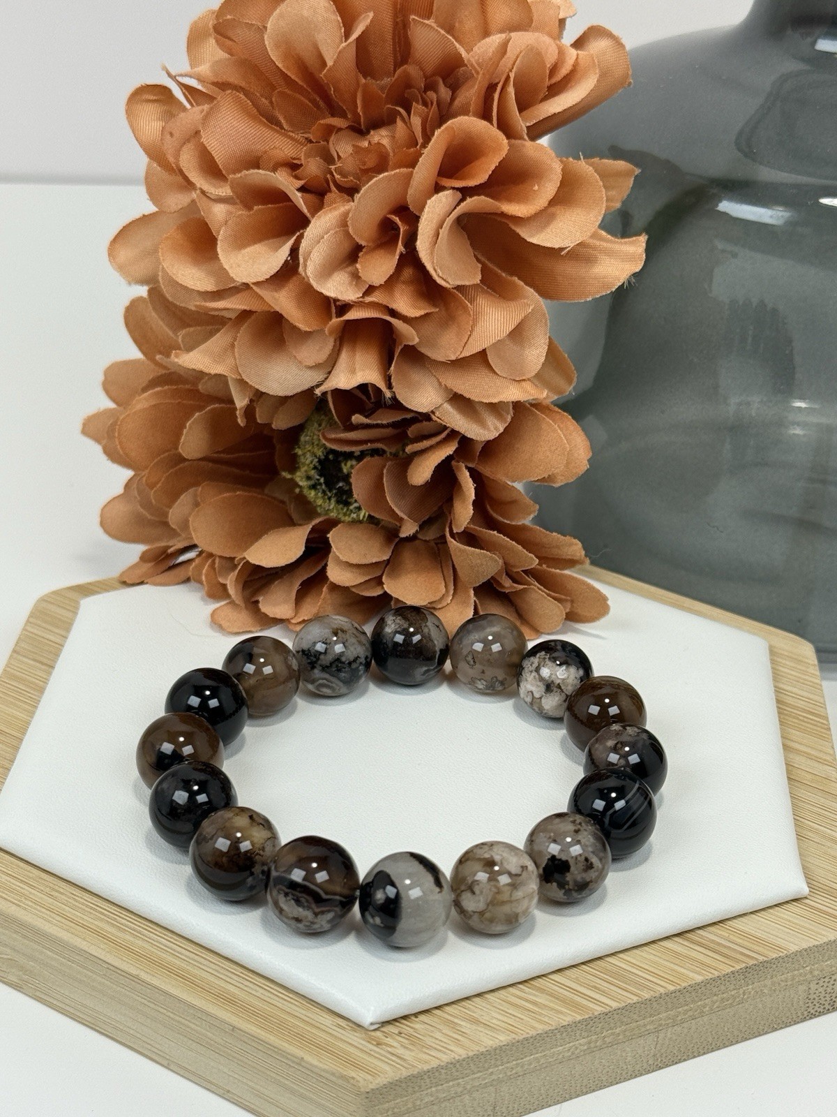Flower Agate Black Bead Bracelet 13MM