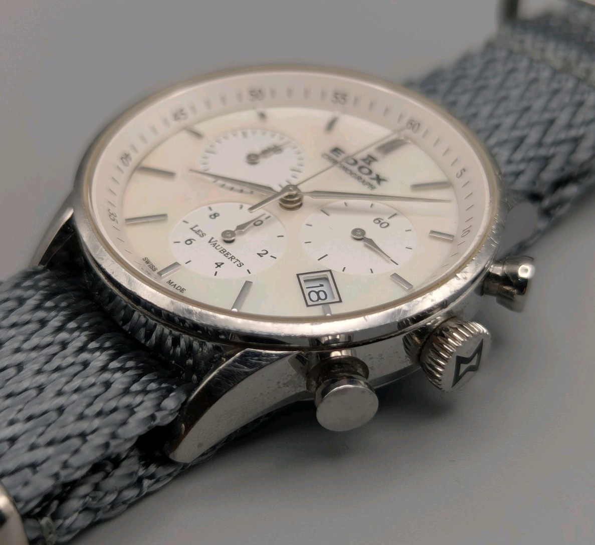 Edox Les Vauberts Quartz Chronograph. Mother Of Pearl Dial. ZuluDiver NATO Strap