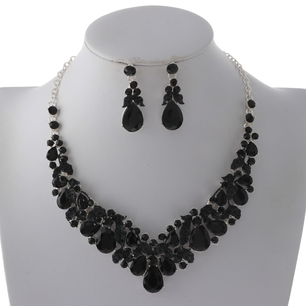 Silver Tone Alloy Metal Rhinestone Necklace Earring Set S20709-SBK