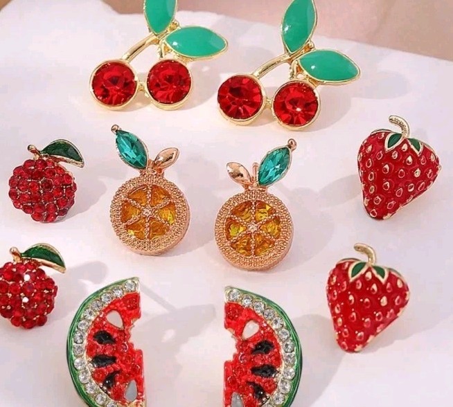 Set Of 5 Micro Mini Stud Earrings, Fruits Embellished With Rinestones. Goldtone