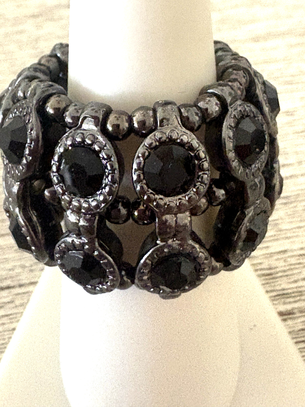 Black Sparkle Bead Wide Band Stretch Ring CZ Accent Statement