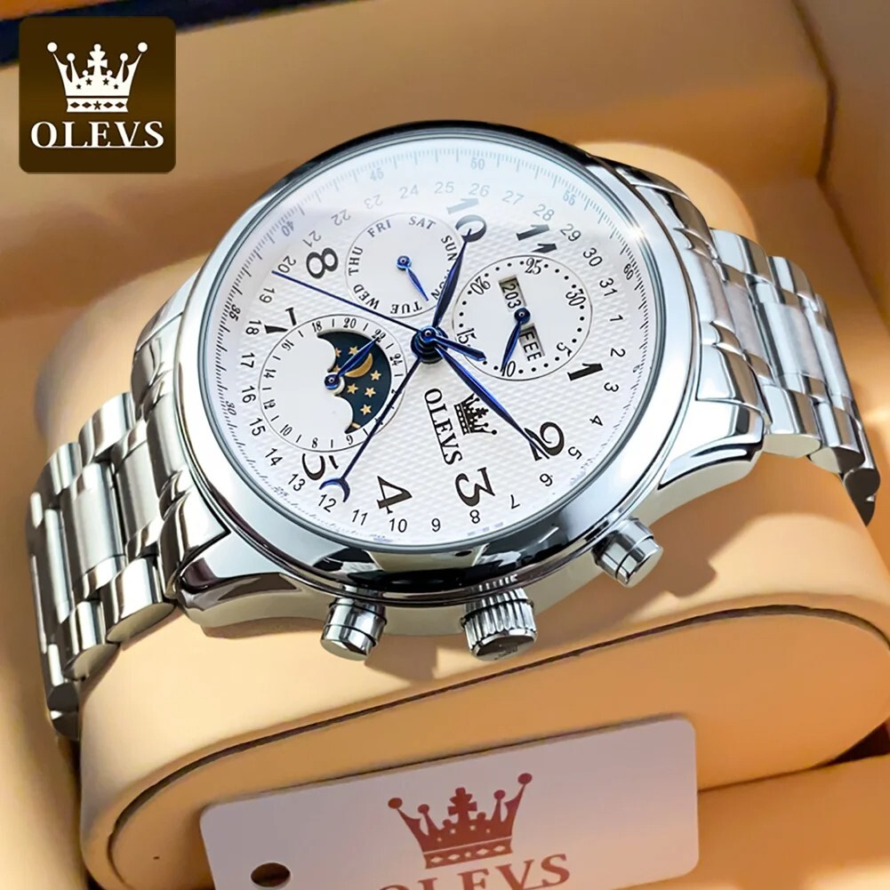 Automatic Mechanical Waterproof Watch Moon Phase OLEVS Luxury Men’s Men Strap