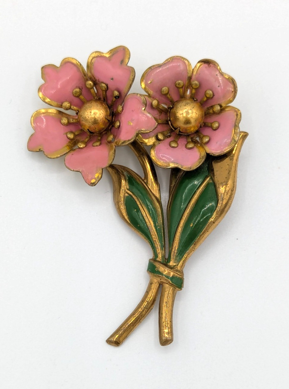 Vintage Pink Enamel Flower Brooch Wild Rose Double Blossom C Clasp Floral Pin