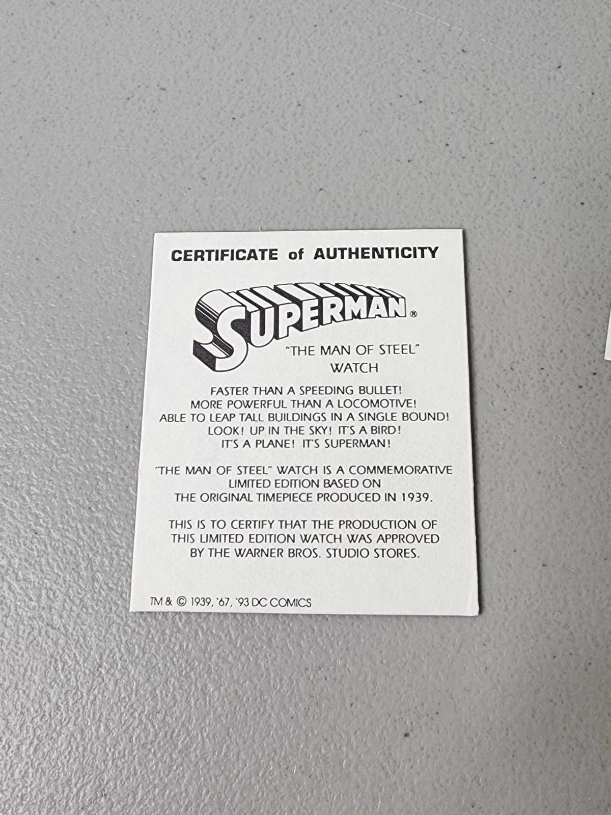 1993 Superman Reproduction 1939 Wrist Watch Warner Bros Store DC Comics