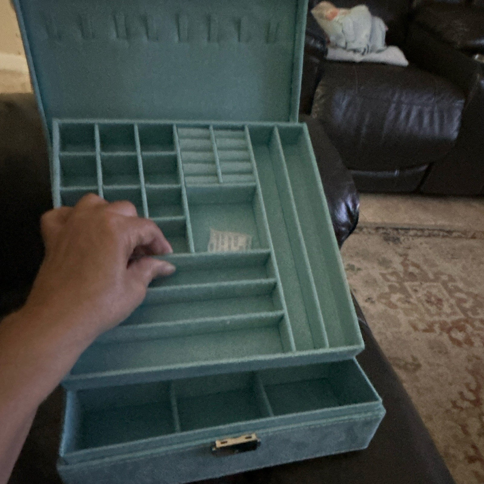 Large Turquoise Velvet Jewelry Box Organizer 2 Tier Locking with Key New