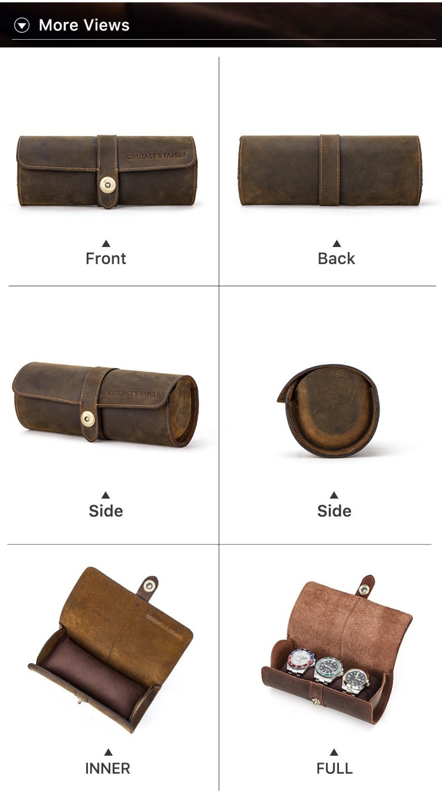 Genuine Leather Watch Roll Case 3 Slot Travel Watch Holder Portable Storage Men