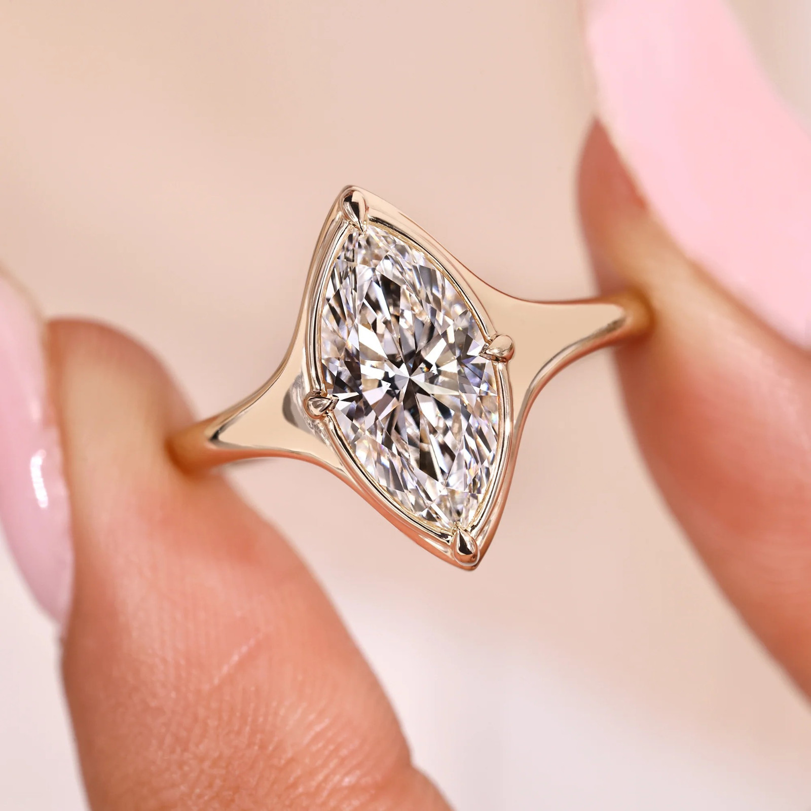 1.50 CT Marquise Cut Lab Grown Diamond Ring With Compass Prong Setting- 14k Gold