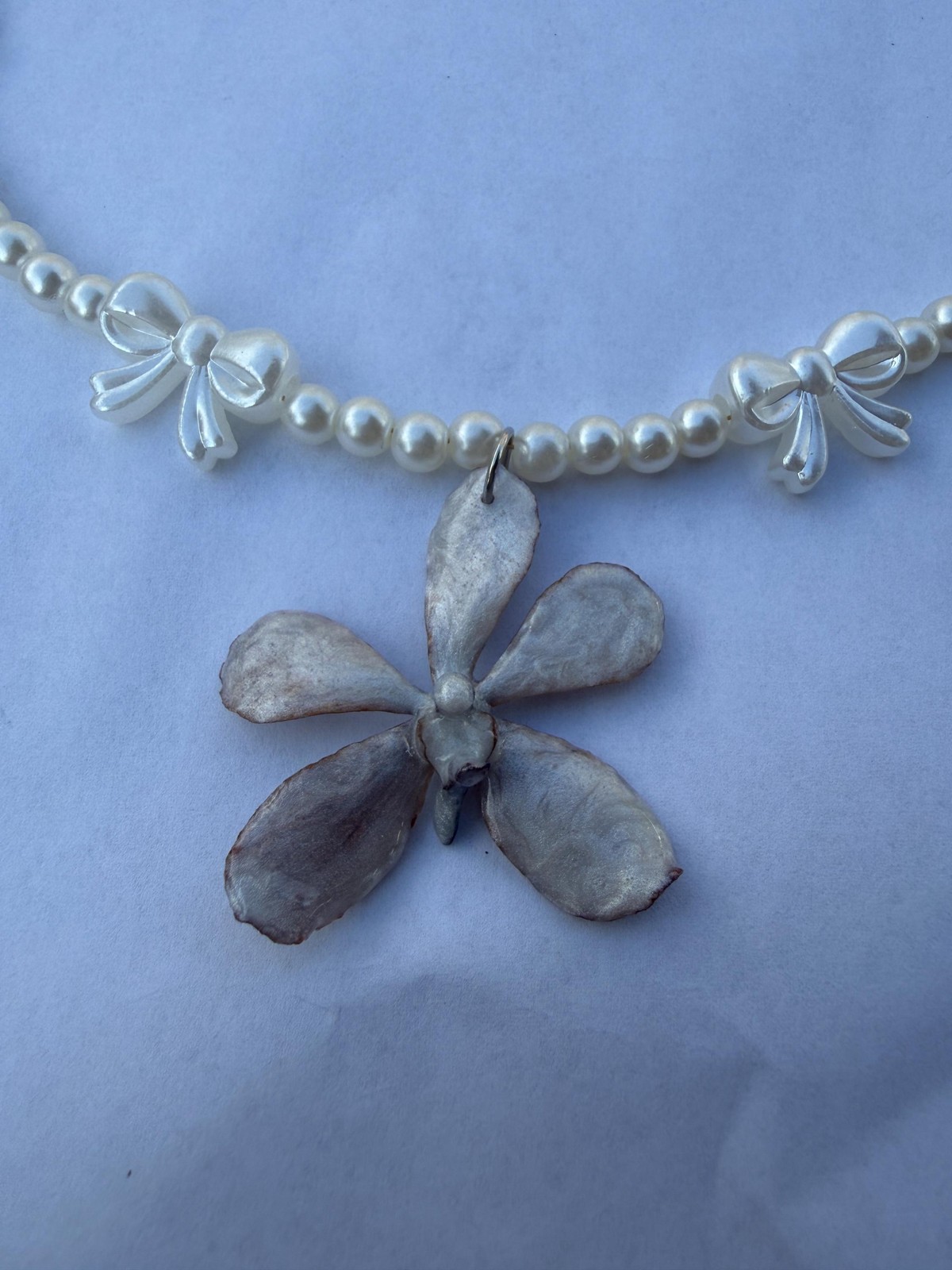 Coquette Pearl Bow Necklace | Real Orchid Resin Pendant | Cream Gray Silver