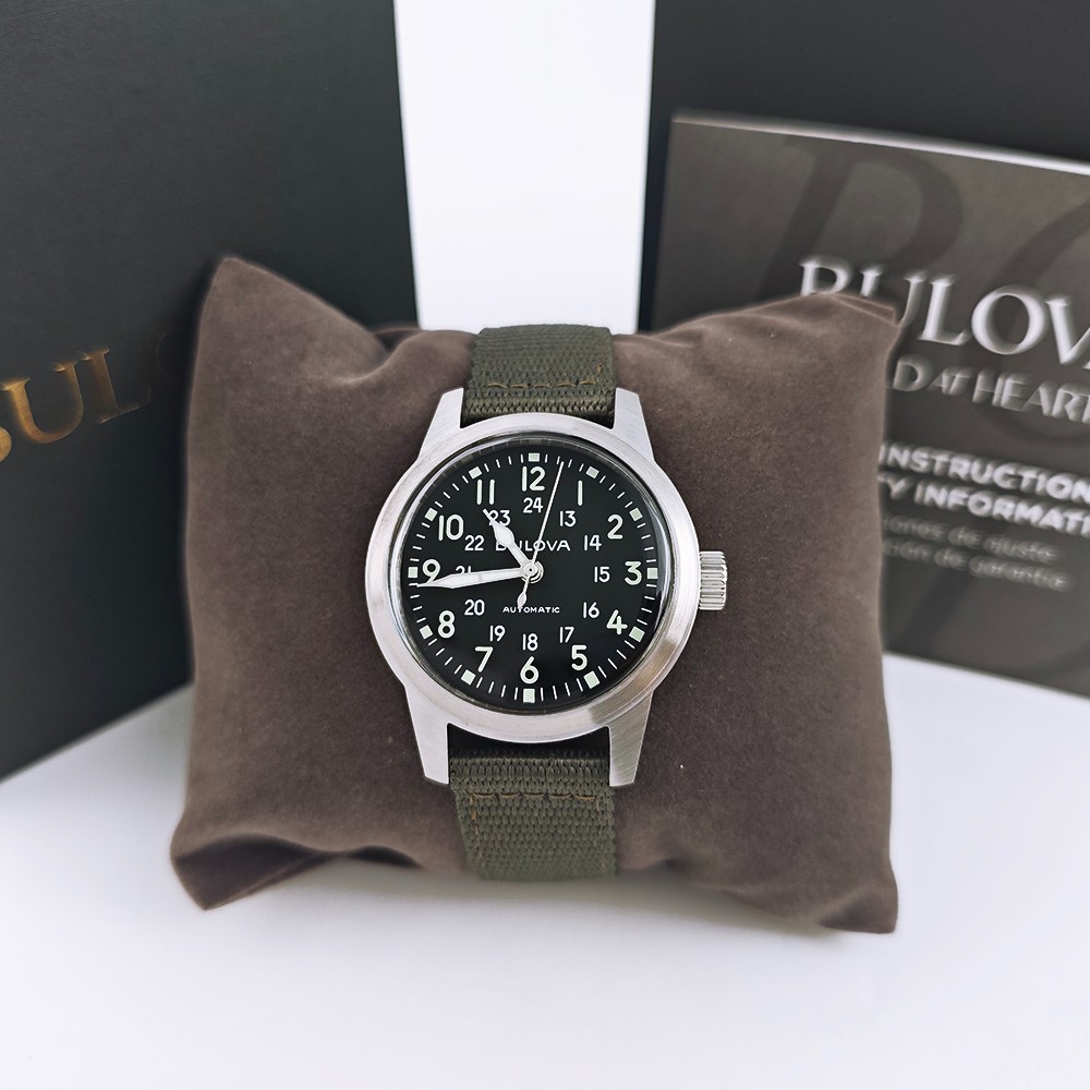 Bulova 96A259 Hack Black Dial Green Leather Strap Automatic Men’s Watch 38MM
