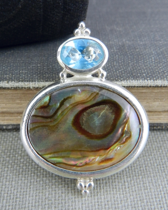 Designer Signed A 925 Sterling Silver Abalone & Topaz Oval Pendant Charm