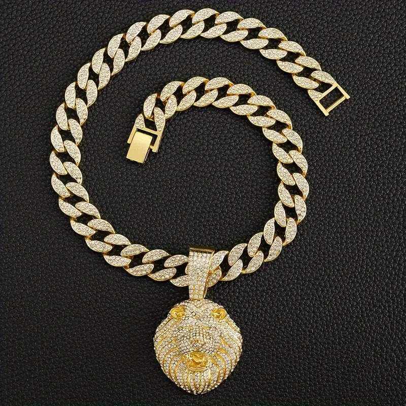 Hip Hop Lion Head Cubic Zirconia pendant & Full 15mm Iced Cuban Chain Necklace