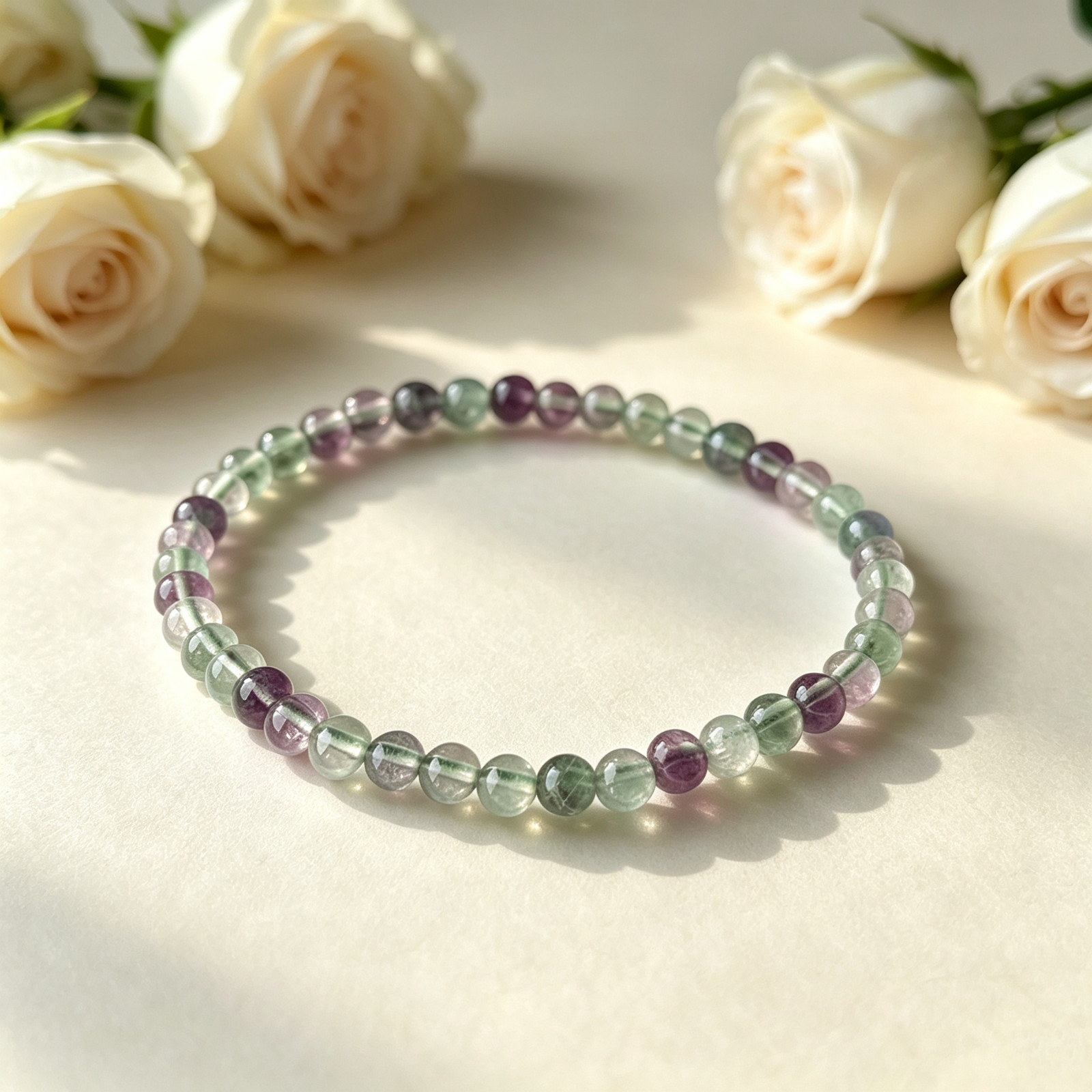 Rainbow Fluorite Stretch Beaded Bracelet Natural Crystal Jewelry Wrist Gems Gift