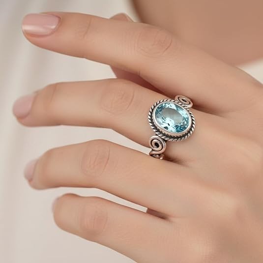 100% Natural Sky Apatite Oval Cut Ring in 925 Oxidized Sterling Silver
