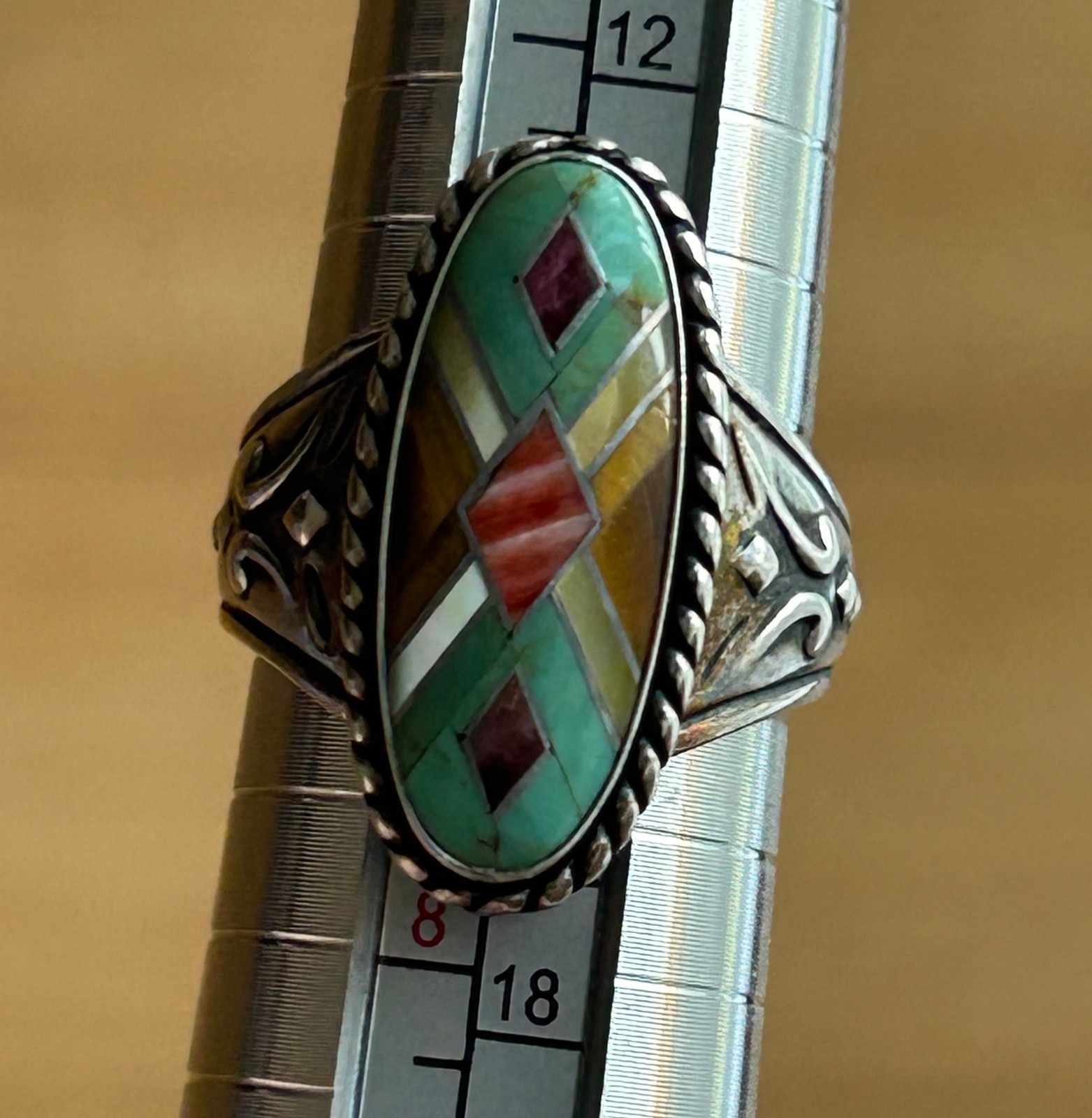 Carolyn Pollack Relios Sterling Silver Turquoise Inlay Mosaic Ring – Size 7