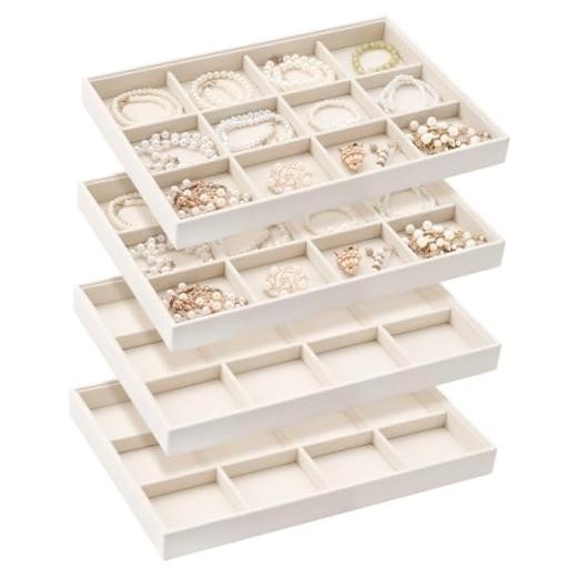Cinnvoice 4 Pcs Stackable Jewelry Organizer Tray, 12 Grids Velvet Beige