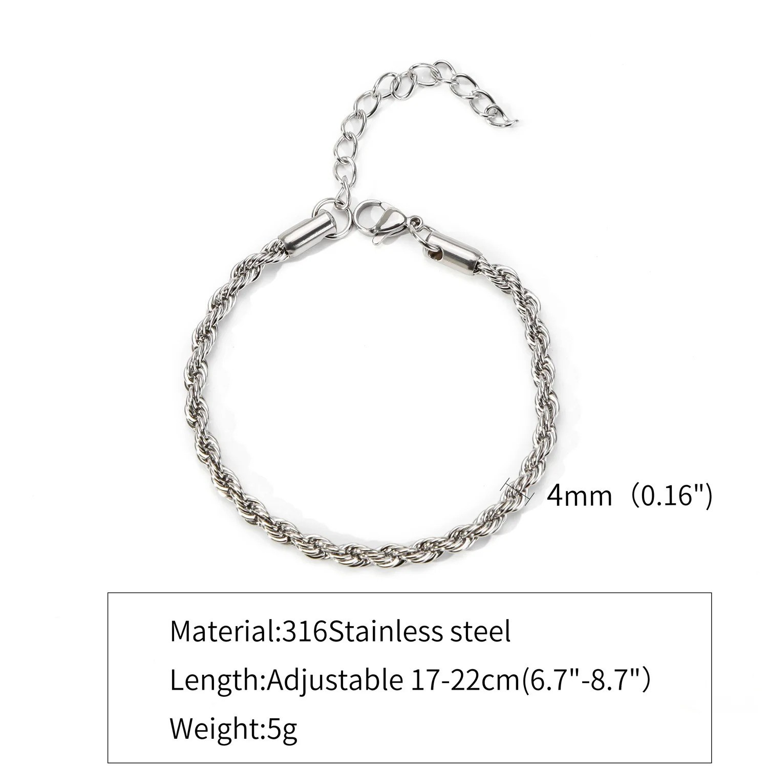 Simple Silver Twist Chain Bracelet Hip Hop Jewelry Adjustable Party Accessories