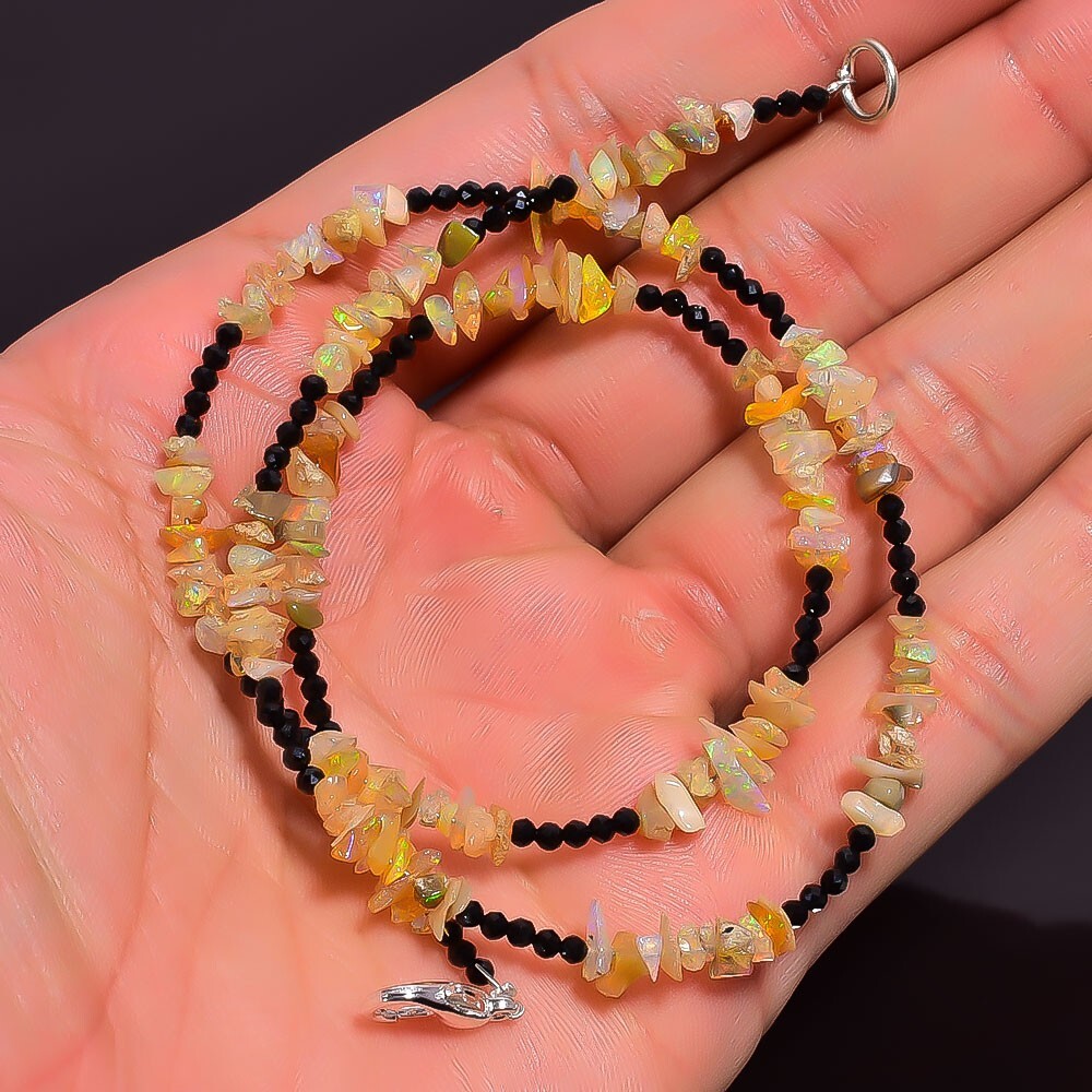 26.75 Ct. Natural Ethiopian Opal Black Spinel Uncut Beads Necklace 16″ A-2168