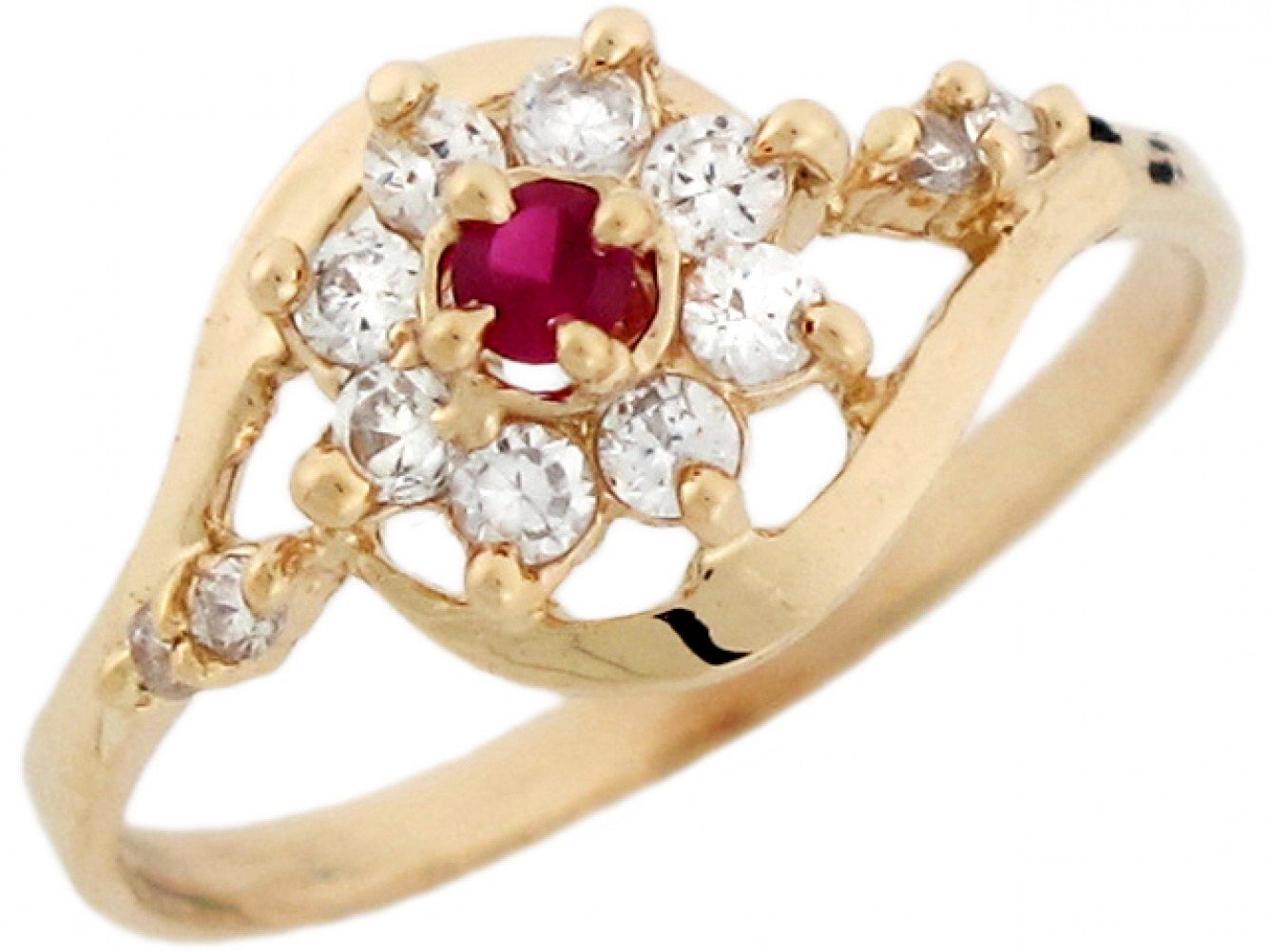 10k or 14k Yellow Gold White Red CZ Floral Design Womens Fancy Ring