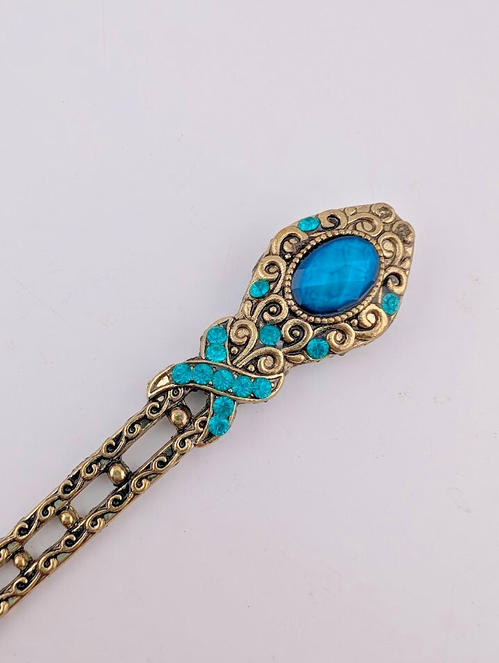 GOLDTONE & AQUA BLUE “CRYSTAL” HAIR STICK metal kanzashi bun french twist pin G6